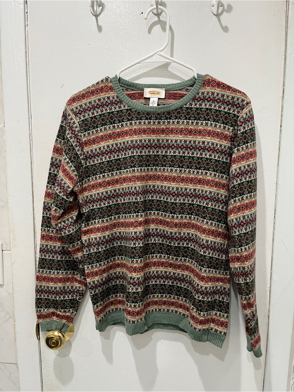 Talbots Green Fair Isle Crewneck Sweater with Red and Cream Accents